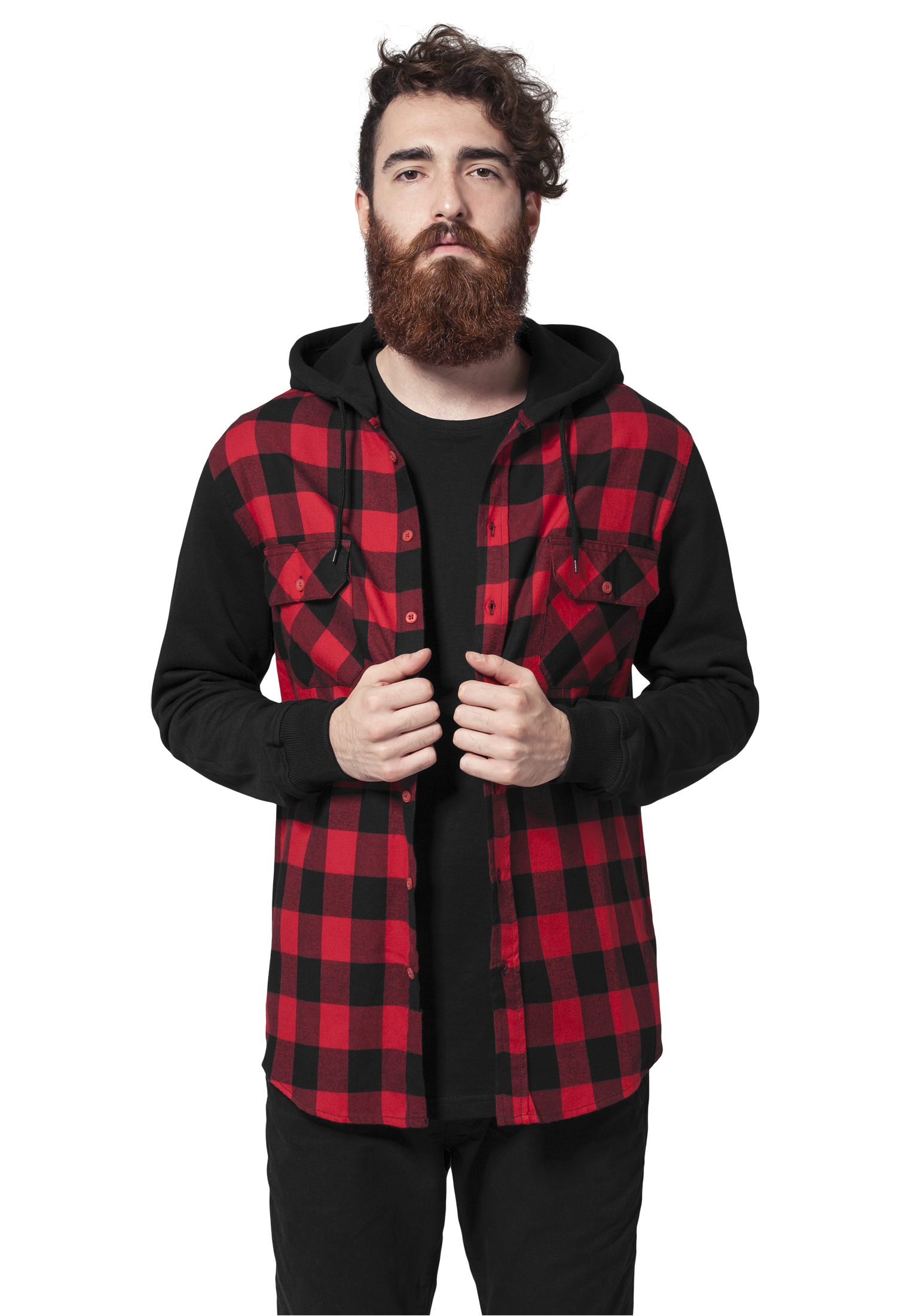 Urban Classics Pánská flanelová košile s kapucí URBAN CLASSICS (TB513) Černá / Červená XL