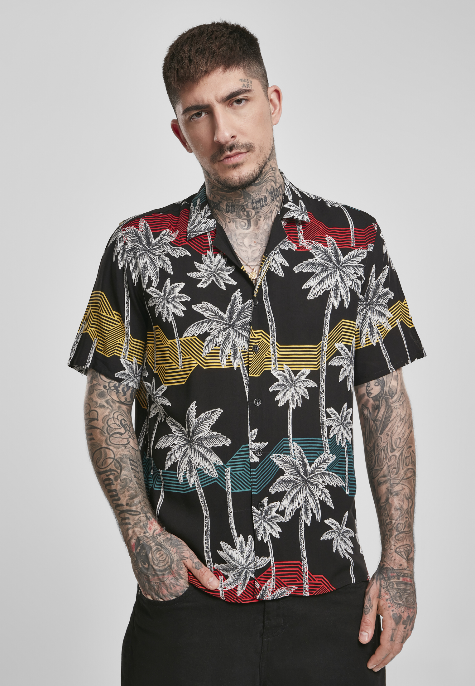 Urban Classics Pánská košile Palm Resort URBAN CLASSICS (TB3510) Černá / Palma M
