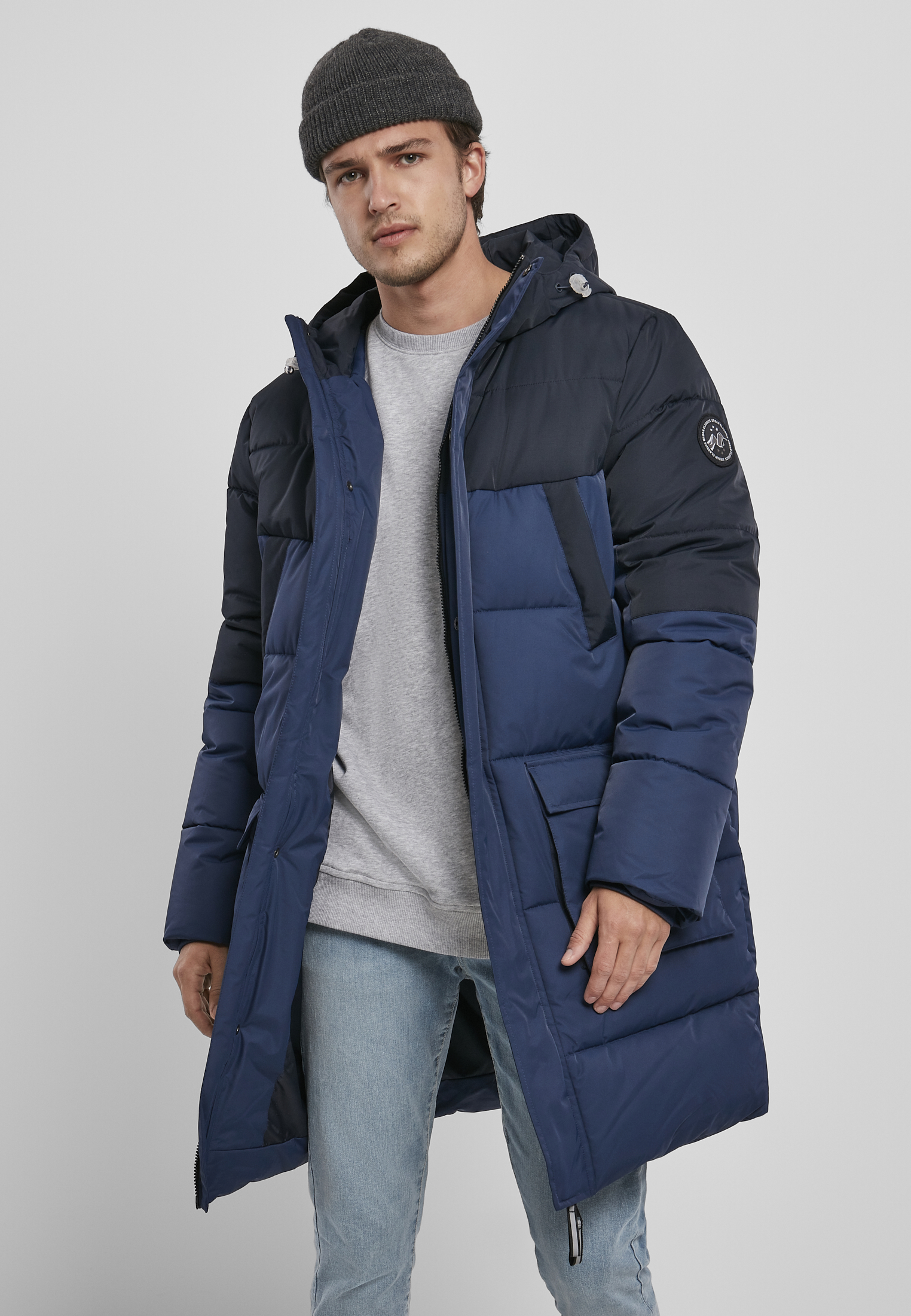 Urban Classics Pánská zimní bunda s kapucí URBAN CLASSICS (TB3827) Světlá modrá / Tmavá modrá M